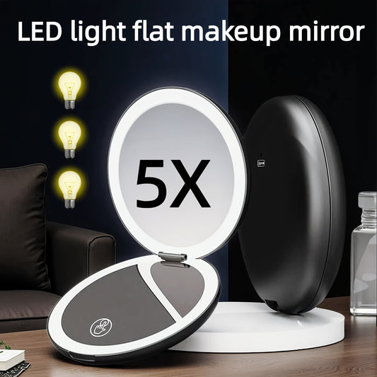 Double Sides 5X Magnification Led Light Makeup Mirror LED Lighted Travel Makeup Mirror, Compact, Portable for Handbag