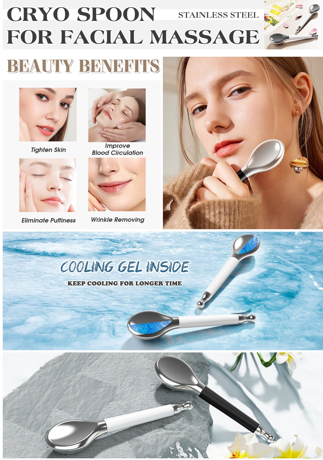Beauty Cryo Spoon Skin Care Tool for Puffiness, Wrinkles, Dark Circles 3-in-1 Cryo Gua Sha Facial Tools, Ice Roller Globes for Women Face and Eyes Massager