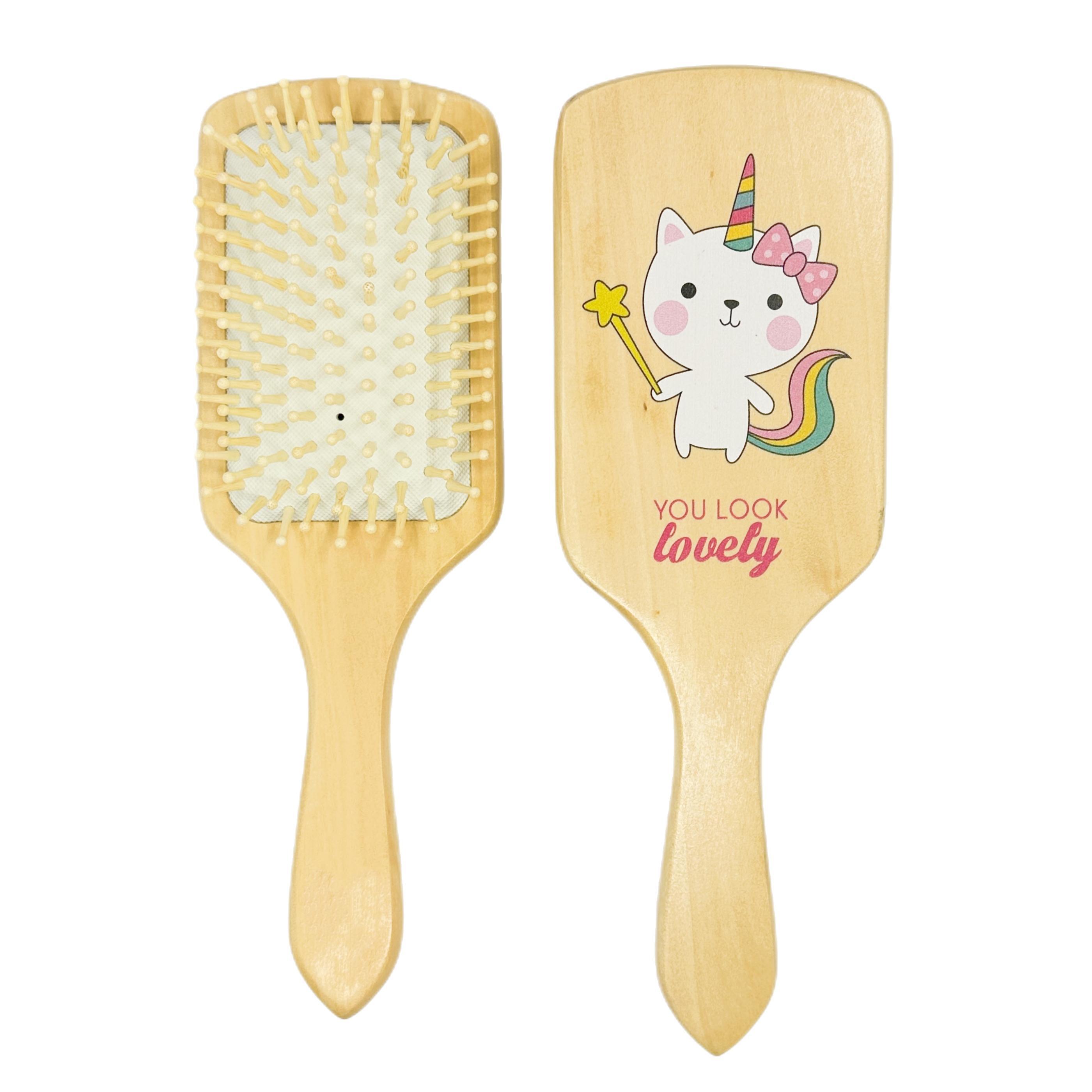 Cute printing wood paddle hairbrush with cushion-24*8cm